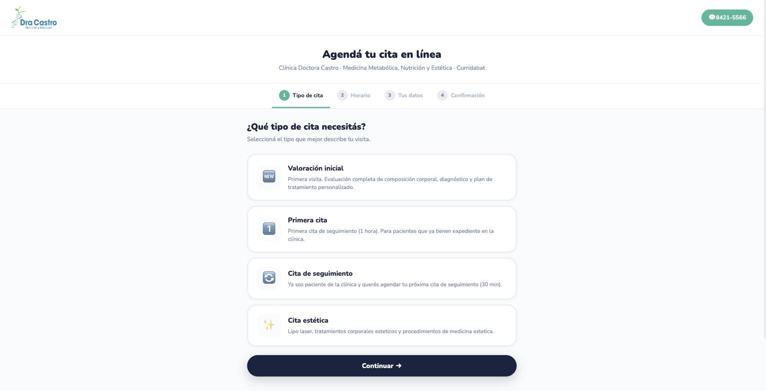 Portal de autoagendamiento de SaludFlow, citas.doctoracastrocr.com