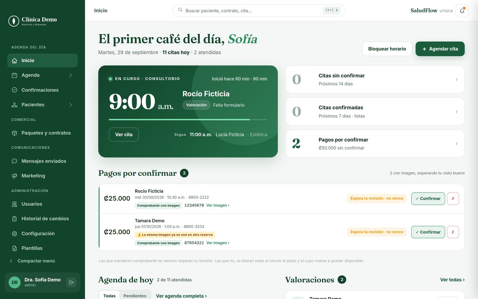 Panel de la plataforma SaludFlow con agenda, pacientes y expediente