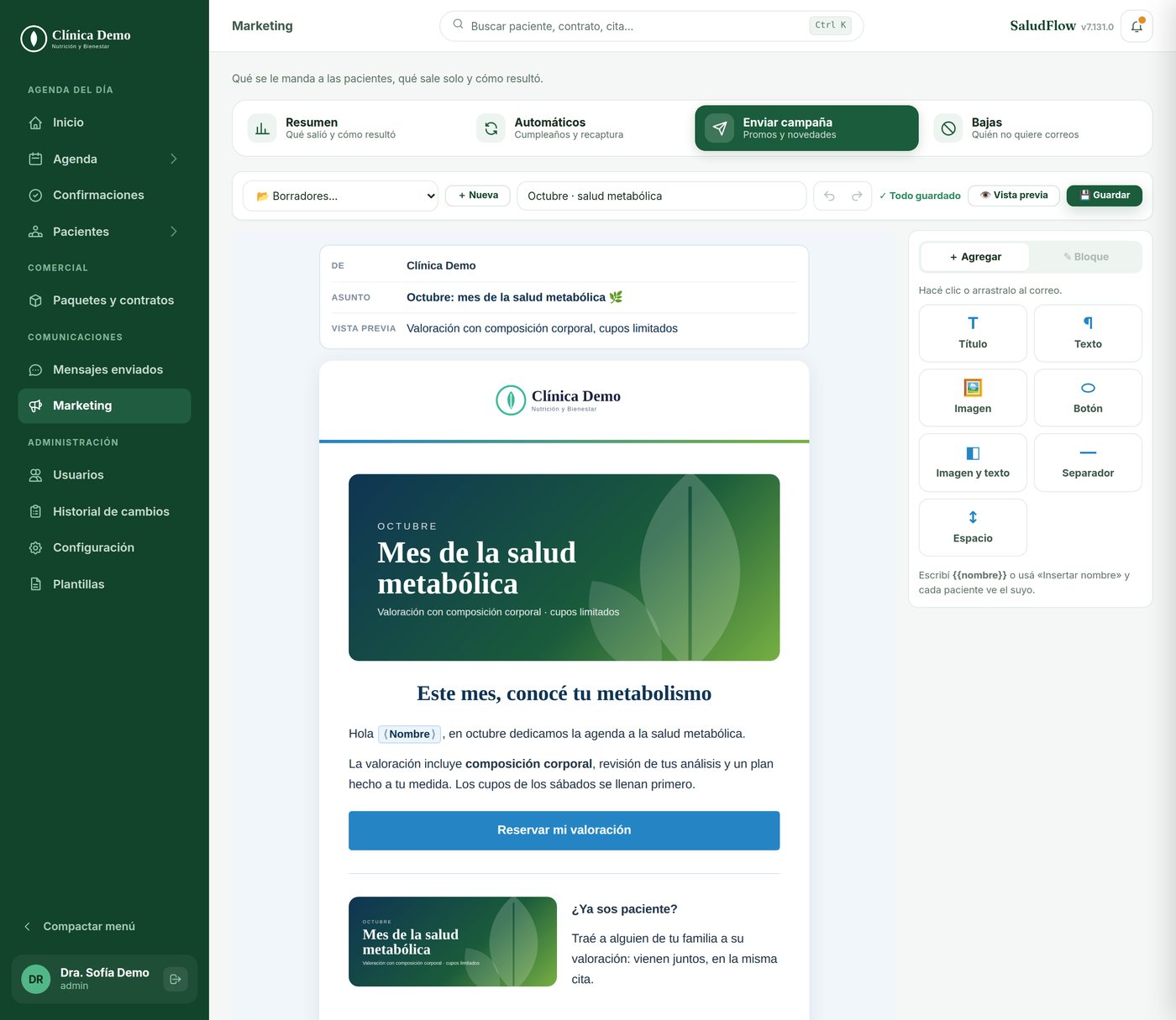 Block-based email campaign editor in SaludFlow