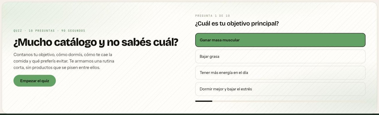 Quiz de compra de Beezen que recomienda una rutina según el objetivo del cliente